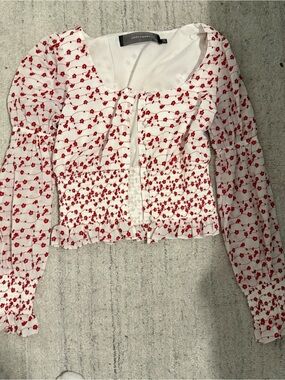Code x Mode - White Peasant Blouse with Red Floral Print (Size Small)